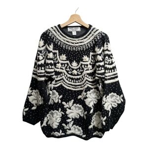 Kitty Hawk by Vivian Wang black white sweater pearls floral holiday vtg